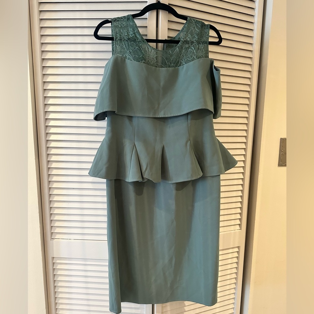 Sage green new midi peplum dress with lace collar